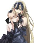  2girls armor armored_dress blonde_hair braid breast_envy breast_grab fate/grand_order fate/stay_night fate_(series) gauntlets hair_ribbon hand_on_another&#039;s_head headpiece jeanne_alter long_hair looking_at_viewer multiple_girls ribbon ruler_(fate/apocrypha) ruler_(fate/grand_order) saber saber_alter simple_background single_braid takara_joney very_long_hair white_background yellow_eyes yuri 