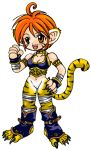 1girl animal_ears artist_request blush breasts breath_of_fire breath_of_fire_ii bustier cat_ears cat_tail chibi claws cleavage facial_mark full_body furry gloves green_eyes lowres no_panties no_pants open_mouth orange_hair rinpoo_chuan solo source_request tail 