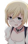  1girl alternate_costume blonde_hair blue_eyes choker collarbone dirndl german_clothes glasses highres iron_cross looking_at_viewer nasubi4499 open_mouth semi-rimless_glasses short_hair simple_background solo strike_witches upper_body ursula_hartmann white_background 