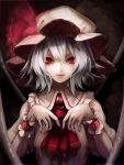  1girl ascot bat_wings brooch fami_(yellow_skies) frills hat hat_ribbon highres jewelry lavender_hair lips looking_at_viewer mob_cap nail_polish parted_lips portrait red_eyes remilia_scarlet ribbon short_hair slit_pupils solo touhou upper_body wings wrist_cuffs 