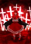  1girl akizawa_aki cape capelet cross crossed_arms faux_traditional_media frilled_skirt frills full_body loafers long_sleeves looking_at_viewer okazaki_yumemi red_background red_eyes redhead shoes skirt skirt_set smile solo standing touhou touhou_(pc-98) 