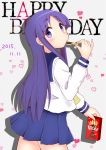  1girl brand_name_imitation from_behind happy_birthday highres hinata_yukari hirame_guard long_hair pocky pocky_day purple_hair violet_eyes yuyushiki 