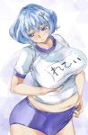  1girl blue_eyes blue_hair breasts buruma gym_uniform hair_ornament hairclip huge_breasts impossible_clothes impossible_shirt letty_whiterock navel no_hat plump polearm shirt short_hair solo touhou trident weapon yohane 