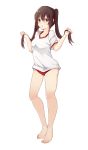  1girl bare_legs barefoot batatata77 black_hair brown_eyes buruma feet gym_shirt gym_uniform hair_grab highres original shirt solo standing toes twintails 