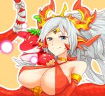  1girl 3_1 bandages blonde_hair blue_eyes bracelet breasts choker circlet cleavage criss-cross_halter crossed_arms dragon echidna_(p&amp;d) elbow_gloves gloves grey_hair halter_top halterneck hug jewelry lamia long_hair lowres monster_girl puzzle_&amp;_dragons red_gloves smile strawberry_dragon_(p&amp;d) tail 