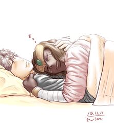  1boy 1girl arm_wrap black_hair bracelet couple faceless faceless_male female forehead_jewel forehead_protector girl_on_top grey_skin hetero hug jewelry kamen_rider kamen_rider_kuuga_(series) long_hair male pajamas pointy_ears sleeping sleeping_on_person smile spooning taikyokuturugi zu-mebio-da 