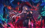 1girl bare_shoulders belt black_legwear breasts detached_sleeves granblue_fantasy hat highres large_breasts lips long_hair looking_at_viewer magisa_(granblue_fantasy) open_mouth red_eyes side_slit silver_hair simosi smile solo staff thigh-highs witch_hat 