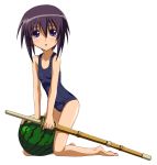  1girl arm_support bamboo_blade bare_shoulders collarbone food fruit full_body kawazoe_tamaki kneeling looking_at_viewer open_mouth purple_hair school_swimsuit shinai short_hair simple_background small_breasts solo swimsuit sword violet_eyes watermelon weapon white_background winbee_(selkie) 