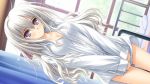  1boy breasts character_request cleavage dress_shirt game_cg indoors kisakinomiya_chihaya long_hair looking_at_viewer otoko_no_ko otome_wa_boku_ni_koishiteru otome_wa_boku_ni_koishiteru_futari_no_elder shirt silver_hair solo violet_eyes 