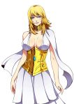  1girl blonde_hair blue_eyes breasts dress highres looking_at_viewer saint_seiya simple_background smile solo white_background white_dress 