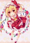  1girl absurdres ascot blush chestnut_mouth crystal flandre_scarlet floral_background full_body hat hat_ribbon highres looking_at_viewer mary_janes mob_cap open_mouth pointing pointing_up puffy_sleeves red_eyes ribbon riichu scan shirt shoes short_hair short_sleeves side_ponytail skirt skirt_set socks solo touhou vest white_legwear wings wrist_cuffs 