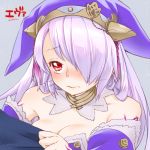  1girl artist_name blush breasts character_name cleavage crying crying_with_eyes_open detached_collar detached_sleeves eva_(sennen_sensou_aigis) grey_background hair_over_one_eye hat long_hair lowres miniru purple_hair red_eyes sennen_sensou_aigis shirt_tug tears upper_body 