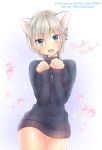  1girl anastasia_(idolmaster) animal_ears artist_request blue_eyes breasts cat_ears cross idolmaster idolmaster_cinderella_girls looking_at_viewer open_mouth paw_pose short_hair silver_hair smile solo sweater 
