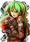  1girl armored_core armored_core:_for_answer green_eyes green_hair headwear_removed helmet helmet_removed highres jonasan_(bad-t) long_hair may_greenfield pilot_suit smile smiley_face 