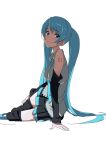  1girl absurdres aqua_eyes aqua_hair arm_support bare_shoulders black_legwear detached_sleeves domo1220 hatsune_miku highres long_hair looking_at_viewer necktie pleated_skirt sitting skirt smile solo tattoo thigh-highs twintails very_long_hair vocaloid yokozuwari 