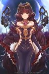  1girl bare_shoulders breasts brown_hair cleavage dress elbow_gloves gloves highres large_breasts long_hair looking_at_viewer official_art original pointy_ears purple_dress purple_gloves revealing_clothes smile solo toki_no_ishutaria underboob very_long_hair violet_eyes yaman_(yamanta_lov) 