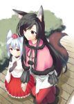  2girls aino-san_(miximixi39) albino animal_ears black_gloves black_hair blush capelet dress eye_contact from_above gloves hat highres holding_hands imaizumi_kagerou inubashiri_momiji layered_dress long_hair long_sleeves looking_at_another multiple_girls pom_pom_(clothes) red_eyes shirt short_hair skirt smile tail tokin_hat touhou turtleneck white_hair wide_sleeves wolf_ears wolf_tail 