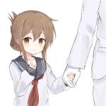  1boy 1girl admiral_(kantai_collection) blush brown_eyes brown_hair chicking folded_ponytail gloves hand_on_own_chest highres holding_hands inazuma_(kantai_collection) kantai_collection long_hair neckerchief school_uniform serafuku sleeves_past_wrists white_gloves 
