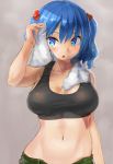  1girl blue_eyes blue_hair breasts cleavage collarbone hair_bobbles hair_ornament kawashiro_nitori kazo large_breasts looking_at_viewer midriff navel open_mouth pants solo sports_bra touhou twintails two_side_up 