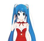  1girl blue_eyes blue_hair bow christmas domo1220 hatsune_miku headphones long_hair scrunchie smile solo strapless twintails very_long_hair vocaloid white_background 