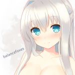  1girl artist_name bare_shoulders blue_eyes blush breasts cleavage collarbone grey_background long_hair looking_at_viewer original silver_hair simple_background smile solo tianping_hu topless upper_body 