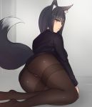  1girl animal_ears ass bangs black_hair black_legwear blunt_bangs fox_ears fox_tail grey_background kneeling kubo_(artist) long_sleeves looking_back no_shoes original pantyhose parted_lips solo tail thighband_pantyhose 