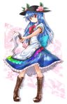  1girl blue_hair boots cross-laced_footwear dress food fruit full_body hat highres hinanawi_tenshi lace-up_boots layered_dress long_hair looking_at_viewer nibi peach puffy_sleeves red_eyes ribbon short_sleeves smile solo sword_of_hisou touhou 