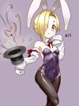  1girl animal_ears araki_(qbthgry) black_legwear blonde_hair blush breasts bunny_tail bunnysuit detached_collar detached_sleeves earrings hair_over_one_eye hat idolmaster idolmaster_cinderella_girls jewelry leotard looking_at_viewer magician pantyhose rabbit_ears ribbon shirasaka_koume short_hair sleeves_past_wrists smile solo tail top_hat yellow_eyes 