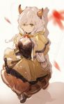  1girl autumn_leaves bangs belt breasts capelet cleavage doraf frilled_skirt frills granblue_fantasy green_eyes hair_between_eyes horns kumuyu large_breasts long_hair long_skirt long_sleeves low_twintails silver_hair skirt smile so-bin solo standing twintails 