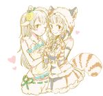  2girls :o akimoto_(akmt_t) animal_ears black_eyes blush_stickers character_request heart horns long_hair looking_at_viewer love_live!_school_idol_project minami_kotori multiple_girls one_eye_closed paw_pose raccoon_ears raccoon_tail sheep_ears sheep_horns short_hair side_ponytail smile tail 