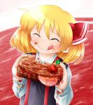  1girl :q ^_^ bbb_(33kudo) blonde_hair closed_eyes eating food hair_ribbon ham hamburger_steak ketchup long_sleeves meat meatball messy ribbon rumia short_hair smile solo stained_clothes tongue tongue_out touhou two-tone_background upper_body 