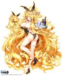  1girl absurdly_long_hair alcohol animal_ears ass blonde_hair bottle brooch bunny_tail bunnysuit cup detached_collar drinking_glass highres jewelry long_hair name_tag original poseich rabbit_ears tail tiger tray unleashed very_long_hair wine wine_glass wrist_cuffs yellow_eyes 