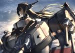  1girl arm_guards armlet backlighting bare_shoulders black_hair brown_eyes cannon choker crossed_arms elbow_gloves expressionless fingerless_gloves gloves hair_between_eyes headgear highres kantai_collection machinery nagato_(kantai_collection) navel outdoors rigging sky solo standing sunrise tsuuhan turret weapon 