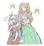  2girls ahoge alternate_hairstyle black_legwear blue_eyes blue_hair blush bowtie bunnysuit closed_eyes crystal de_la_fille dress flying_sweatdrops gb_hm granblue_fantasy green_dress green_hair hair_ornament hair_ribbon hairdressing hand_mirror jacket_on_shoulders leotard long_hair looking_at_mirror mirror multiple_girls pantyhose ribbon sitting spoken_face therese_(granblue_fantasy) twintails 