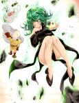  1boy 1girl artist_request bag bald belt black_dress black_shoes blush bottle cape curly_hair dress flying gloves green_eyes green_hair highres legs levitation onepunch_man plastic_bag saitama_(onepunch_man) shoes short_hair tatsumaki 