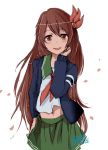  1girl 2015 4suke artist_name bangs blush brown_eyes brown_hair dated green_skirt hair_between_eyes hair_ornament hand_on_own_cheek hand_on_own_face jacket kantai_collection kisaragi_(kantai_collection) long_hair long_sleeves looking_at_viewer navel open_clothes open_jacket open_mouth petals pleated_skirt remodel_(kantai_collection) school_uniform serafuku simple_background skirt smile solo white_background 