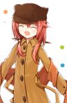  1girl animal_hat cat_hat closed_eyes coat hat original redhead smile solo trench_coat yuuhagi_(amaretto-no-natsu) 