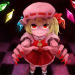  1girl akizawa_aki ankle_socks blonde_hair carry_me checkered checkered_floor cravat facing_viewer fingernails flandre_scarlet foreshortening from_above hat hat_ribbon looking_up mary_janes mob_cap nail_polish outstretched_arms red_eyes red_nails ribbon sharp_fingernails shoes short_hair side_ponytail skirt skirt_set smile solo touhou wings 