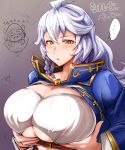  1girl belt blue_jacket braid breast_hold breasts granblue_fantasy highres huge_breasts jacket kumuyu nakatomo silva_(granblue_fantasy) silver_hair solo twin_braids under_boob yellow_eyes 