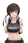  1girl arm_ribbon bangs black_hair bracelet brown_eyes final_fantasy final_fantasy_vii grin headband holding hood_down hoodie jewelry looking_away looking_to_the_side materia midriff navel open_clothes open_hoodie pink_ribbon ribbon shirt_basket short_hair simple_background sleeveless sleeveless_hoodie smile solo swept_bangs upper_body whistle_frog white_background wrist_cuffs yuffie_kisaragi 