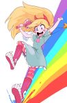  1girl blonde_hair blush_stickers boots dress hairband horned_headwear jewelry long_hair necklace pantyhose rainbow simple_background smile solo star_butterfly star_vs_the_forces_of_evil striped striped_legwear violet_eyes wand white_background 