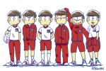  6+boys :&lt; :3 arm_up brothers brown_hair choromatsu closed_eyes clothes_around_waist gym_shirt gym_shorts gym_uniform hands_in_pockets heart heart_in_mouth high_contrast ichimatsu jacket jacket_around_waist jitome jyushimatsu karamatsu lineup male_focus messy_hair multiple_boys osomatsu-kun osomatsu-san osomatsu_(osomatsu-kun) pulaco sextuplets shirt shorts siblings simple_background sleeves_past_wrists smile todomatsu track_jacket track_suit twitter_username white_background 