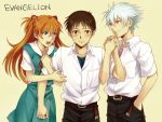  1girl 2boys belt blue_eyes brown_eyes brown_hair collared_shirt hair_ornament hand_in_pocket ikari_shinji interlocked_arms interlocked_fingers multiple_boys nagisa_kaworu neon_genesis_evangelion open_mouth orange_hair setsuna215 shirt smile souryuu_asuka_langley sweatdrop twintails white_hair 