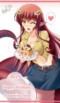  1girl 2015 ;d amamiya_sora breasts butter-t cake cleavage collarbone fang food hair_ornament hairclip happy_birthday heart lamia long_hair miia_(monster_musume) monster_girl monster_musume_no_iru_nichijou navel one_eye_closed open_mouth pointy_ears redhead scales shirt signature slit_pupils smile solo spoken_heart tied_shirt yellow_eyes 