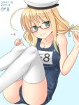  1girl blonde_hair blue_eyes breasts dotera-otoko glasses i-8_(kantai_collection) kantai_collection long_hair school_swimsuit smile solo swimsuit thigh-highs twintails white_legwear 