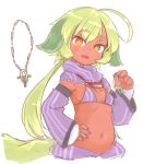  1girl ahoge animal_ears bikini_top brown_eyes dark_skin detached_collar detached_sleeves fang green_hair hand_on_hip holding_necklace jewelry long_hair looking_at_viewer low_twintails midriff nail_polish navel necklace nezumi_inu open_mouth original sketch smile solo tail titi-chan_(nezumi_inu) twintails 