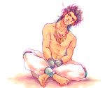  1boy ankle_cuffs barefoot black_hair indian_style jewelry jojo_no_kimyou_na_bouken male_focus mannish_boy necklace older shadow shirtless sitting sleeping solo ura_(mukimeineko) wrist_cuffs 