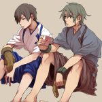  2boys barefoot brown_hair commentary_request genderswap green_hair hakama japanese_clothes juice kaga_(kantai_collection) kantai_collection knees_up looking_down looking_to_the_side multiple_boys ree_(re-19) sitting translation_request yugake zuikaku_(kantai_collection) 