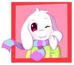  ;) asriel_dreemurr border fairyjonke no_humans one_eye_closed red_border red_eyes scarf simple_background smile striped striped_scarf undertale 