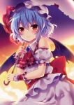  1girl adapted_costume ascot bat_wings blue_hair blush detached_sleeves gradient gradient_background hat hat_ribbon highres looking_at_viewer mob_cap parasol puffy_sleeves red_eyes remilia_scarlet ribbon riichu sash scan shirt short_hair short_sleeves skirt skirt_set sky smile solo touhou umbrella wings wrist_cuffs 